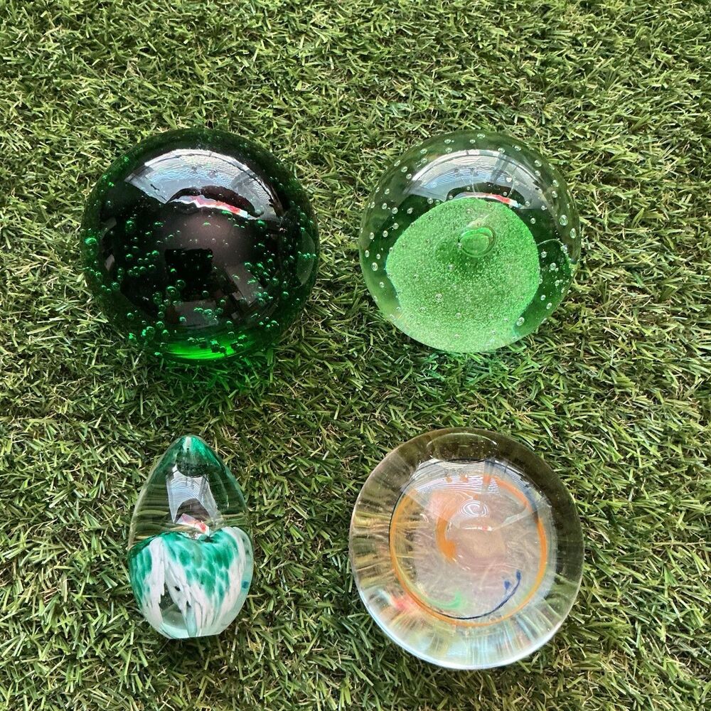 Lot of 4 Vintage Art Glass Paperweights Green Bubble Swirl Controlled Bubble